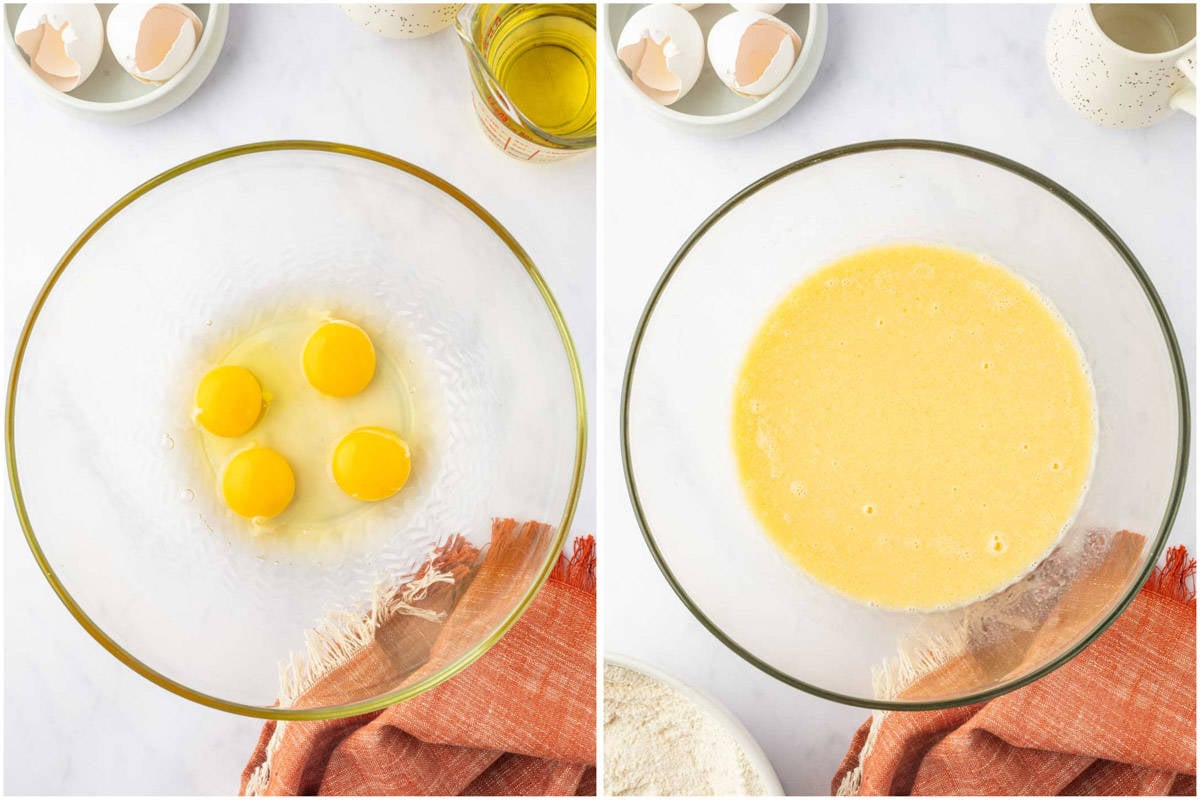 Mixing wet ingredients for pear cake batter.