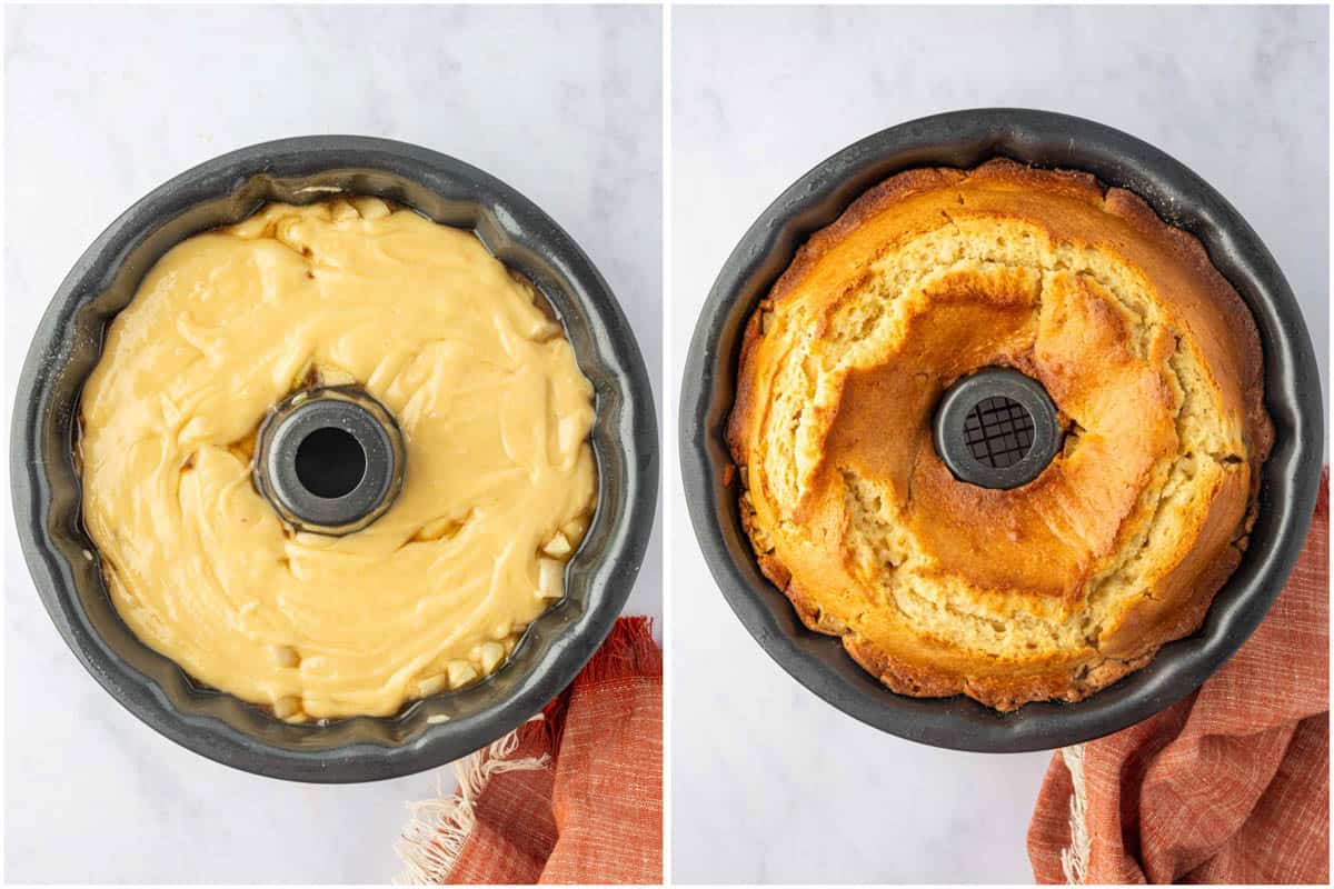 Before and after baking the pear cake.