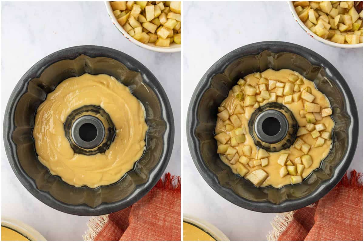 Layering the pear cake in bundt pan.