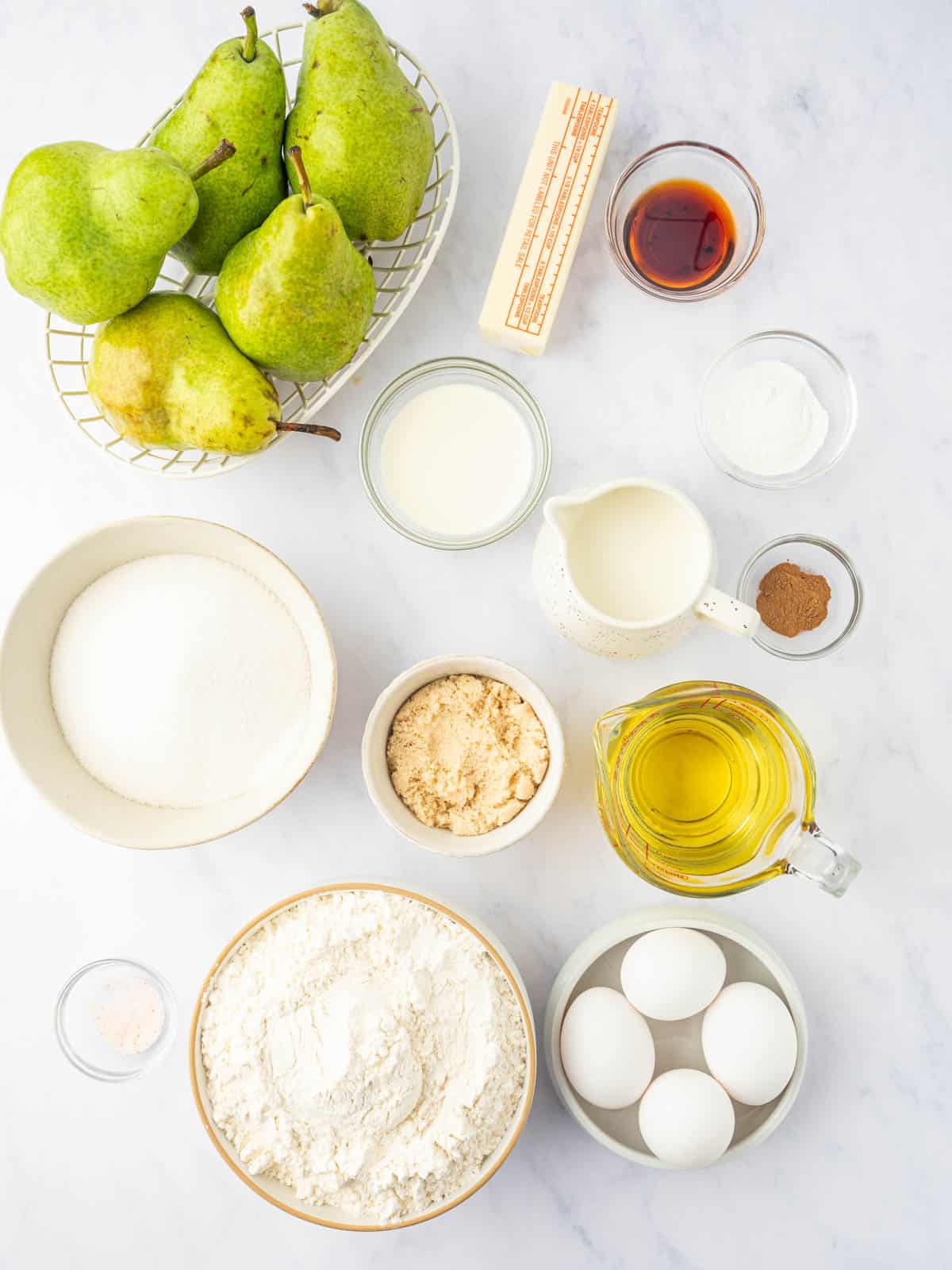 Ingredients needed for pear bundt cake.