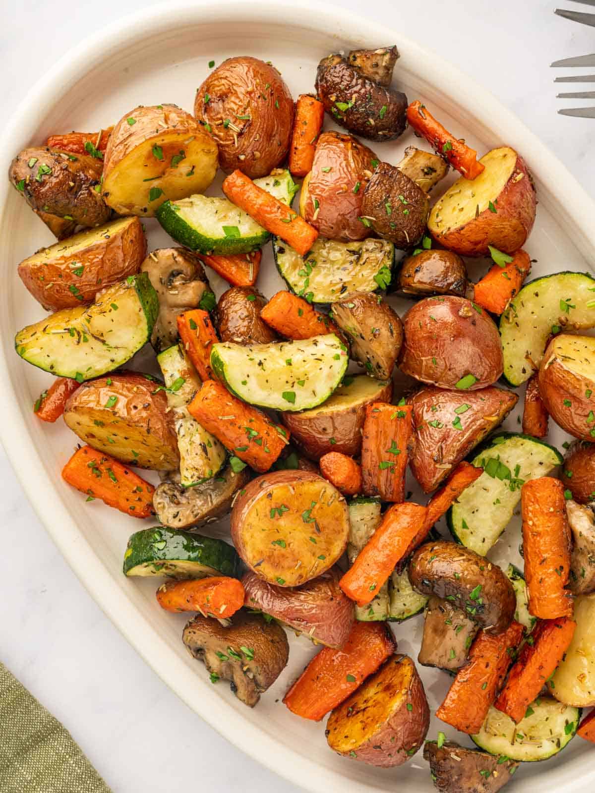 Oven roasted veggies on a platter.