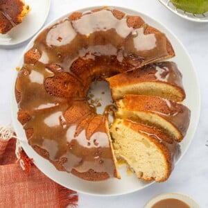 Sliced pear cake with caramel.