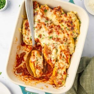 beef Stuffed shells in a casserole dish.