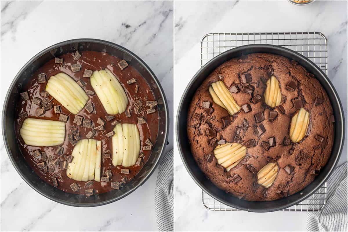 Before and after baking pear cake.