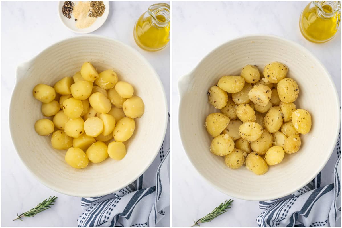 Seasoning boiled potatoes.