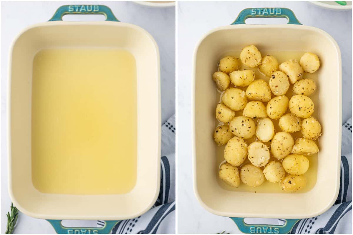 Layering oil and seasoned potatoes in a casserole dish.