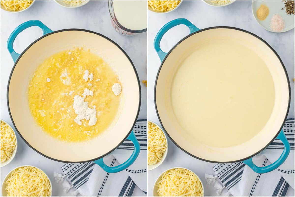 Preparing the roux for the pasta cheese sauce.