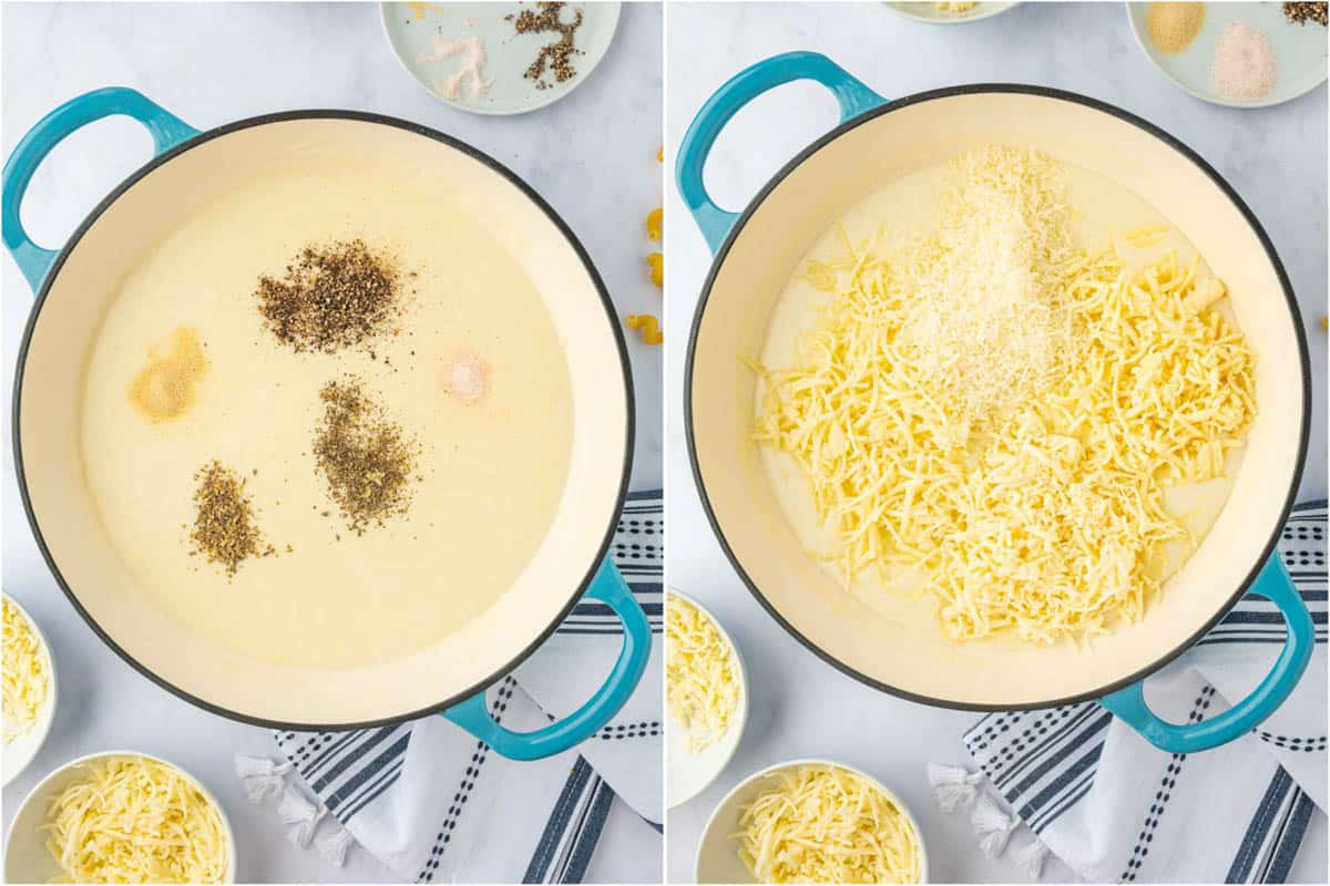 Adding cheese and seasoning to the pasta sauce.