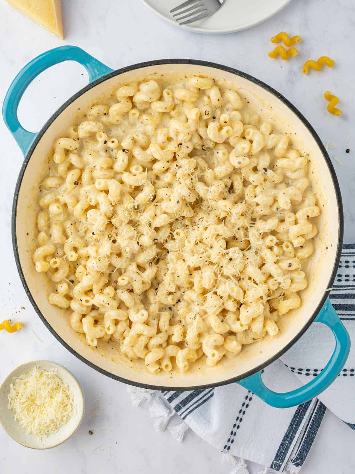 A post of homemade cheesy pasta.