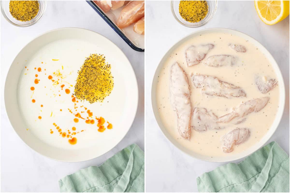 Marinating the lemon pepper chicken strip in buttermilk.