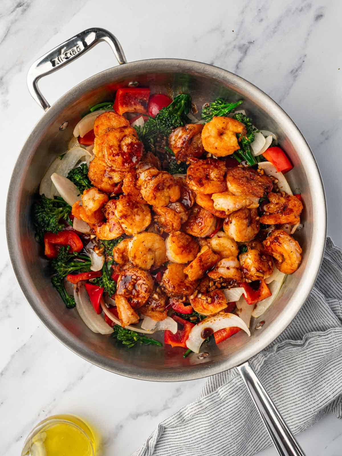 A skillet with copycat panda express shrimp.