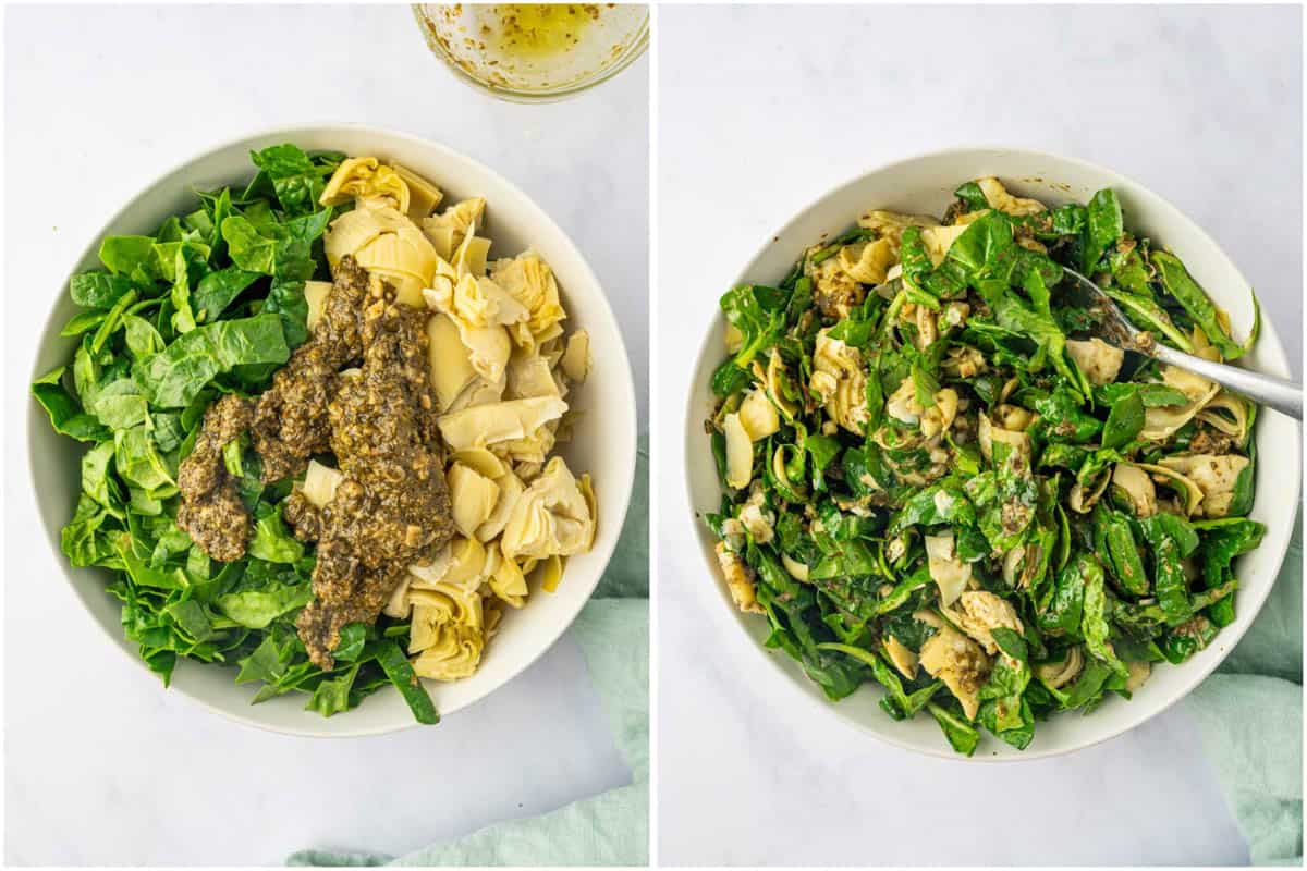 Fresh spinach and chopped artichoke hearts stirred into creamy pesto sauce.