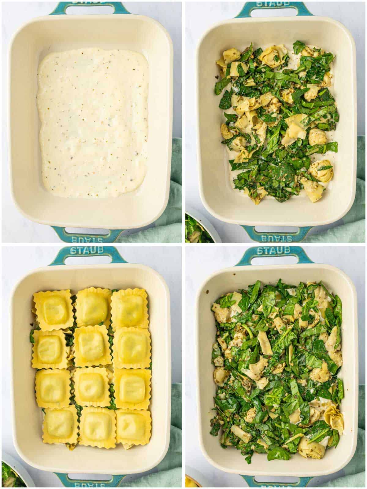 Uncooked cheese ravioli layered into spinach artichoke sauce before baking.