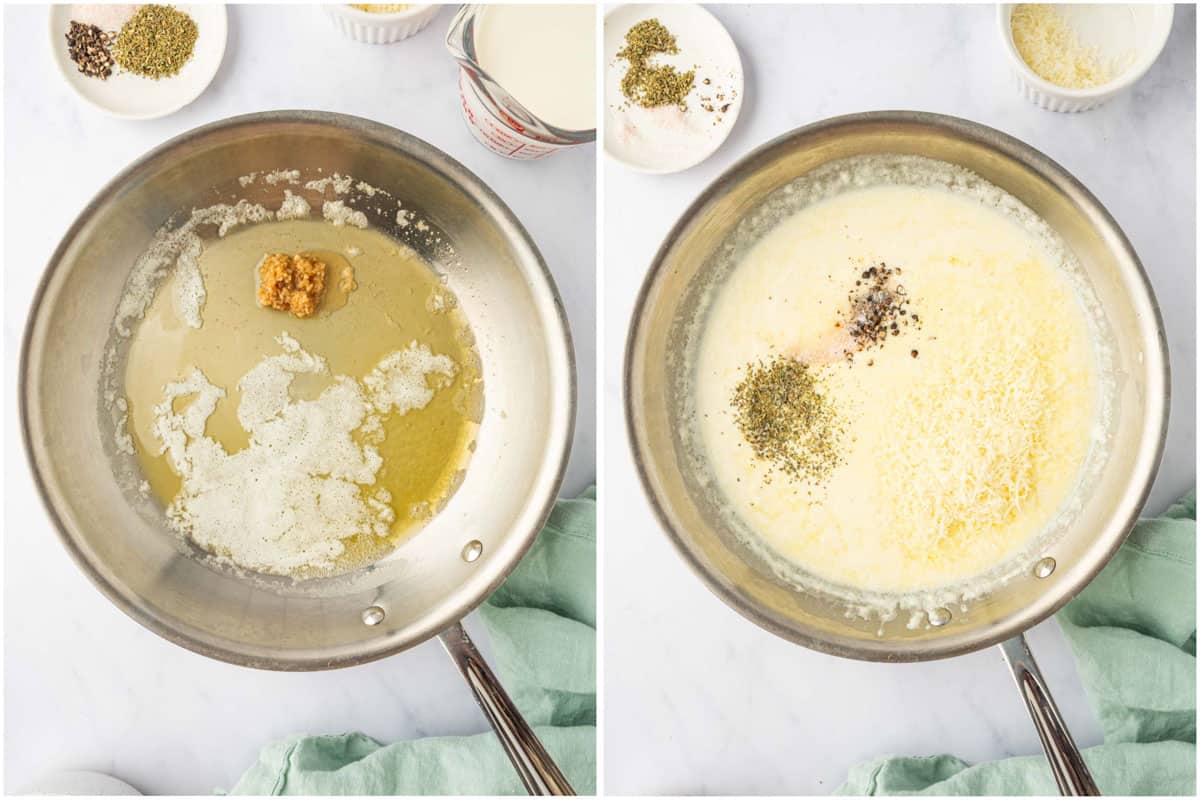 Garlic and cream cheese melting together in a skillet for spinach artichoke sauce.