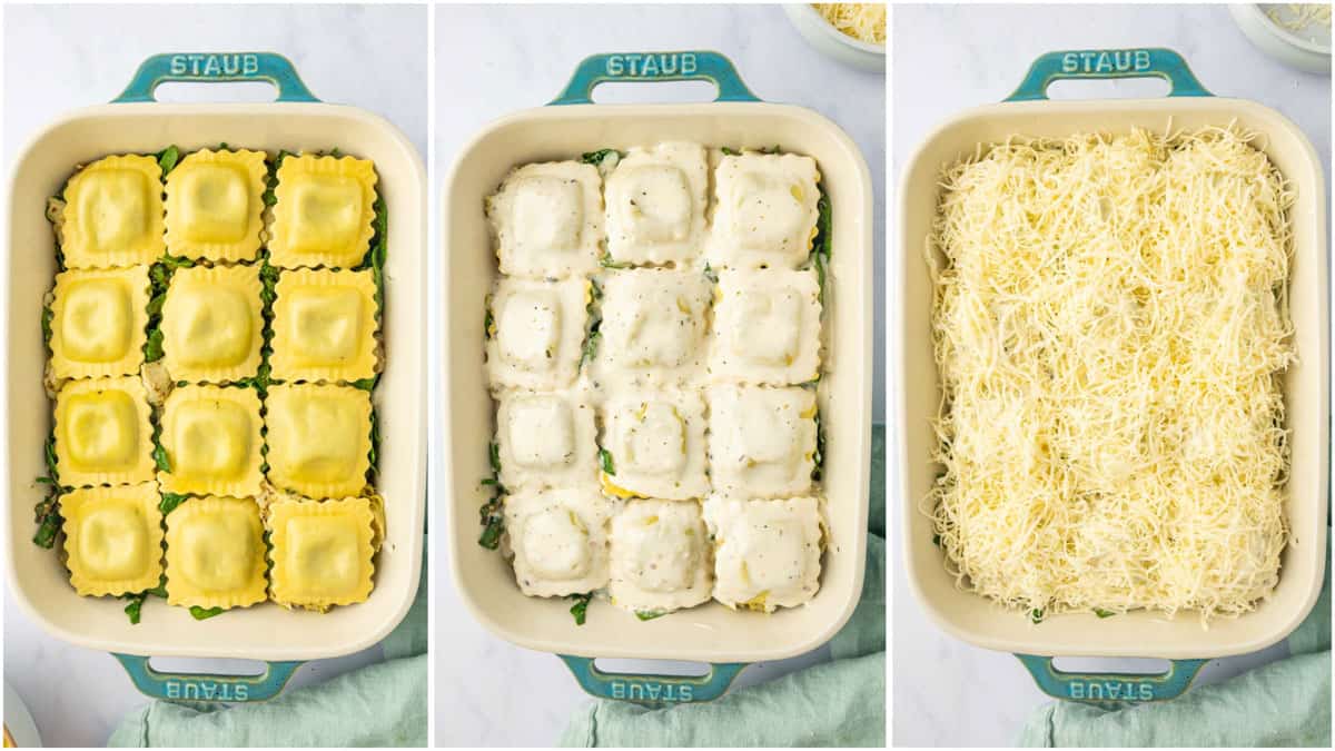 Ravioli bake topped with shredded mozzarella and parmesan before going into the oven