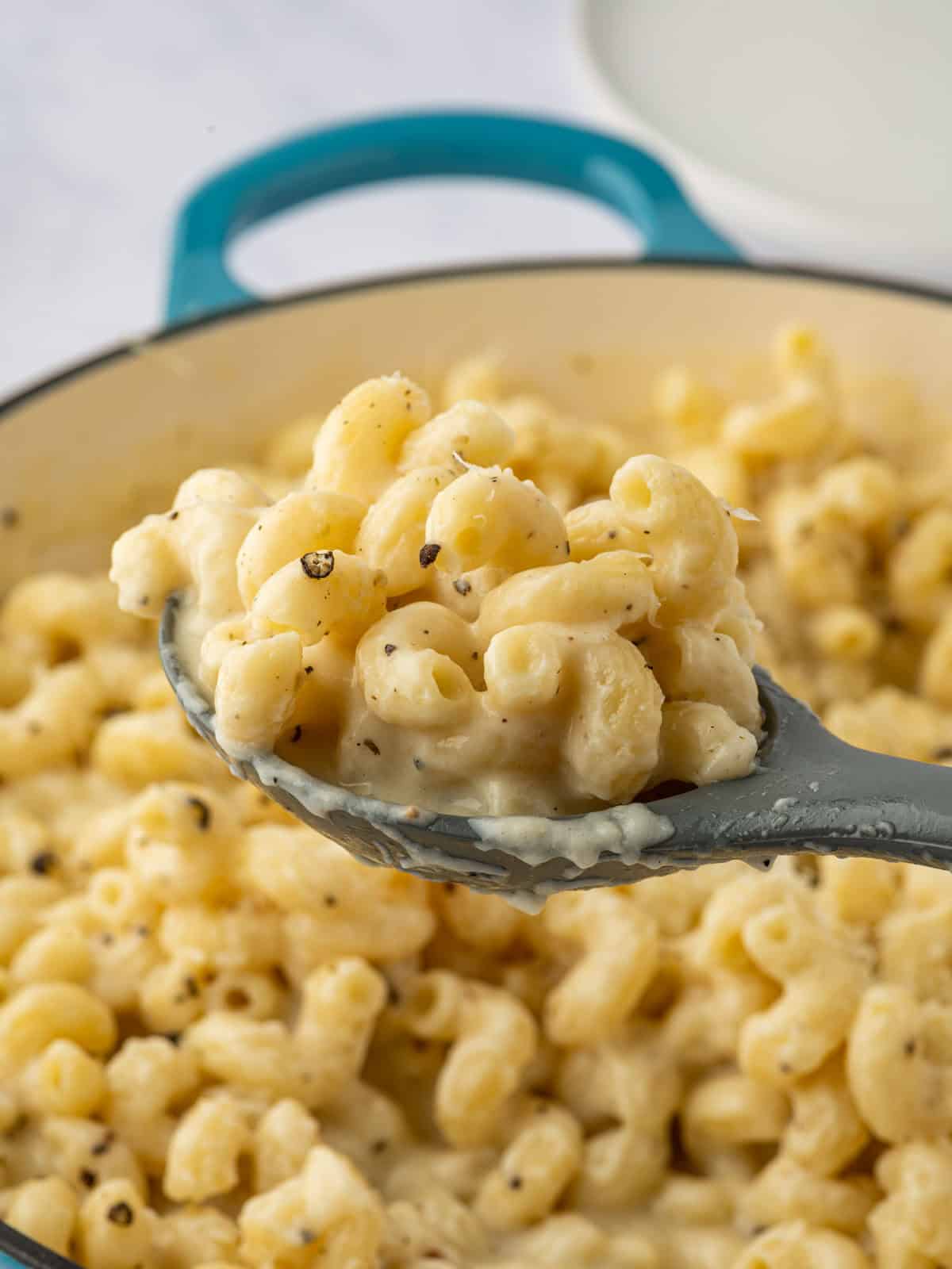 A spoon lifts a scoop of 4 cheese pasta.