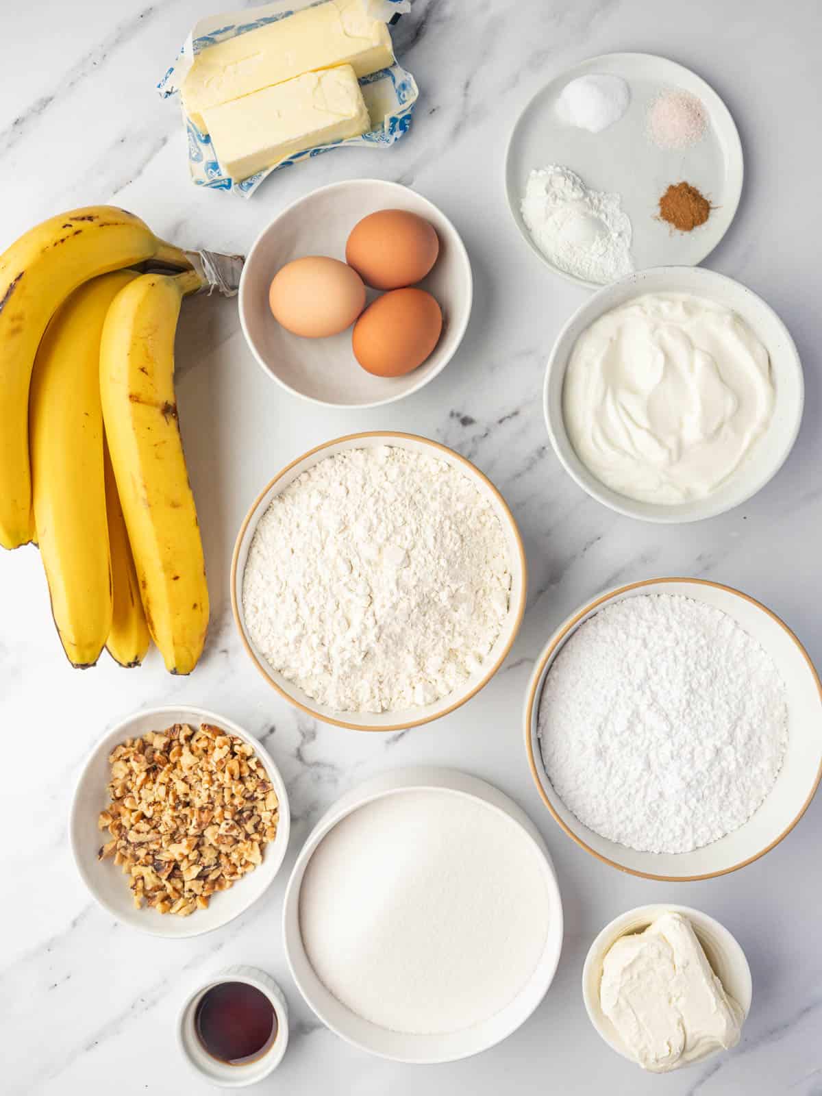 Ingredients needed for banana walnut cake.