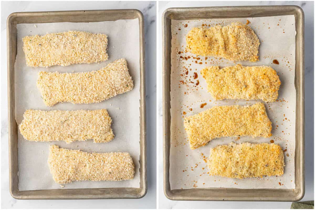 Sheet pans with cod filets before and after baking.
