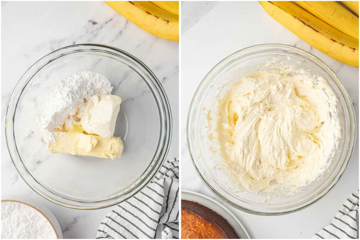 Making cream cheese frosting for banana cake.