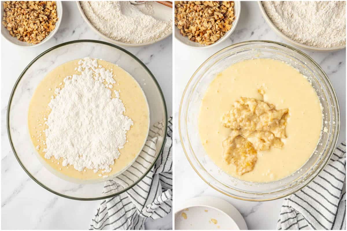 Combining wet and dry cake batter for banana cake.