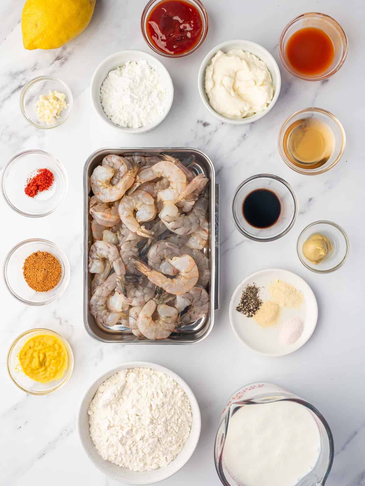 Ingredients needed for cajun fried shrimp.