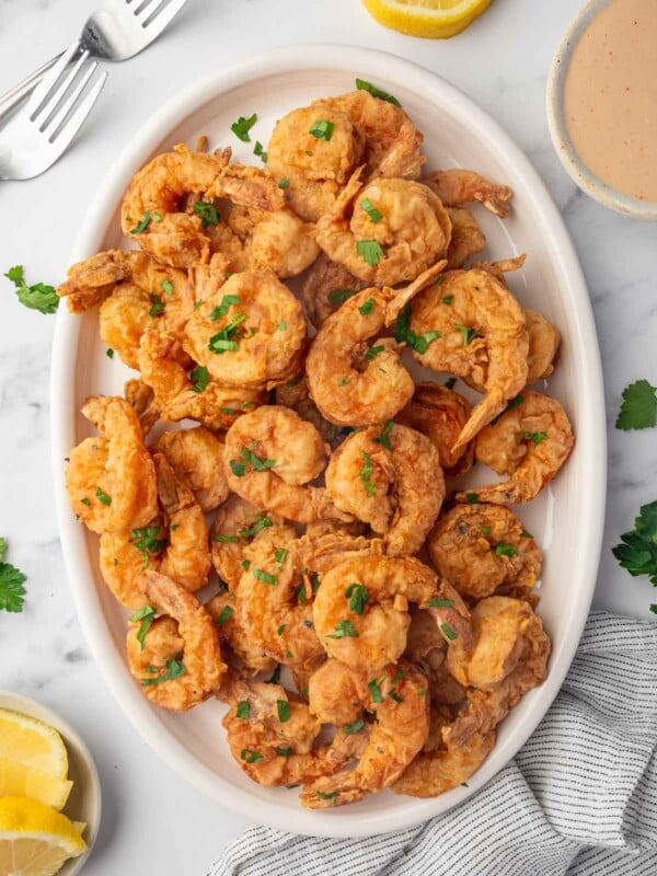 A platter of cajun fried shrimp.