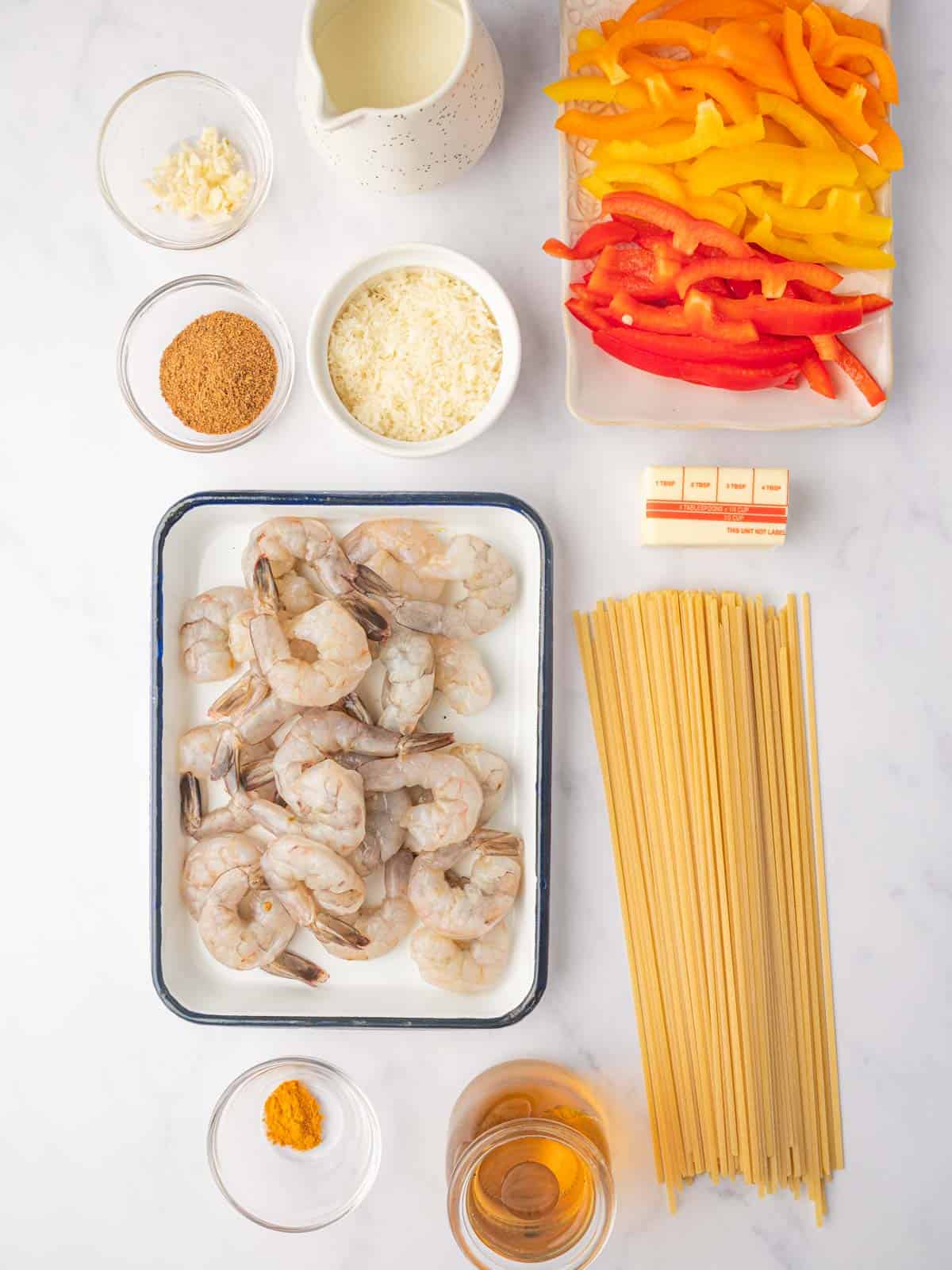 Ingredients needed for jamaican shrimp rasta pasta.