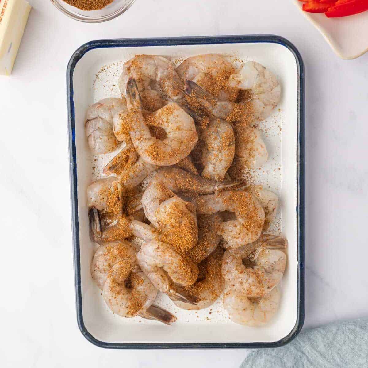 Shrimp is seasoned with jerk seasoning blend.