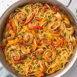 Jamaican Shrimp Rasta Pasta in a skillet.