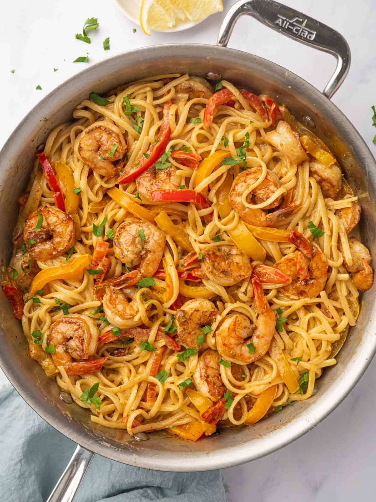 Jamaican Shrimp Rasta Pasta in a skillet.