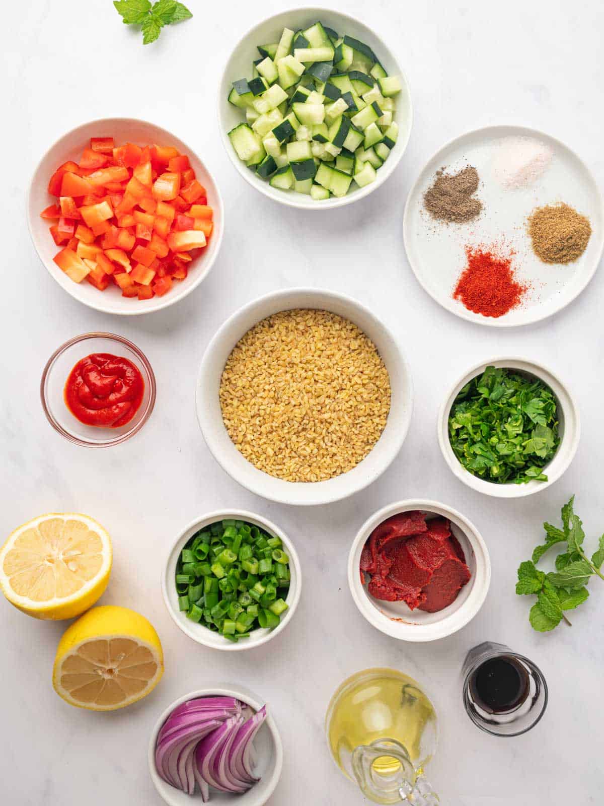 Ingredients of Turkish bulgur salad, kisir, laid out.