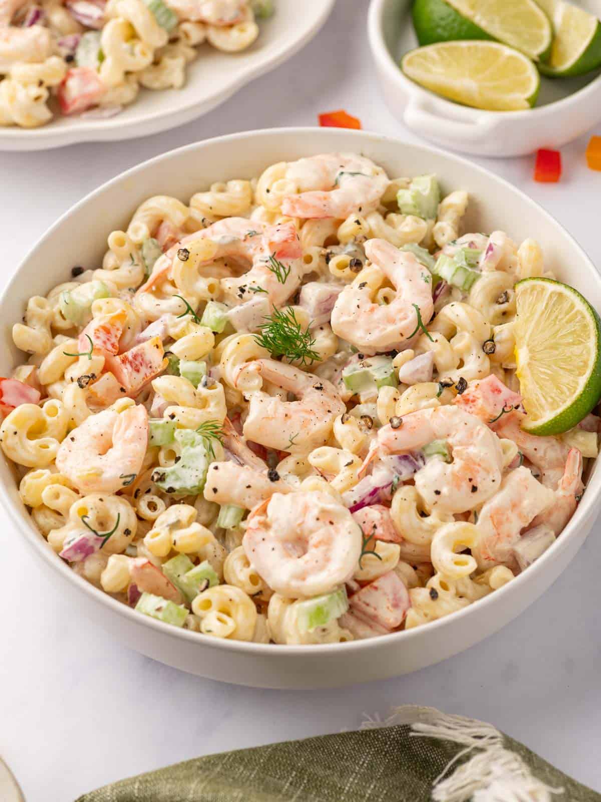 Shrimp Macaroni salad in a bowl.