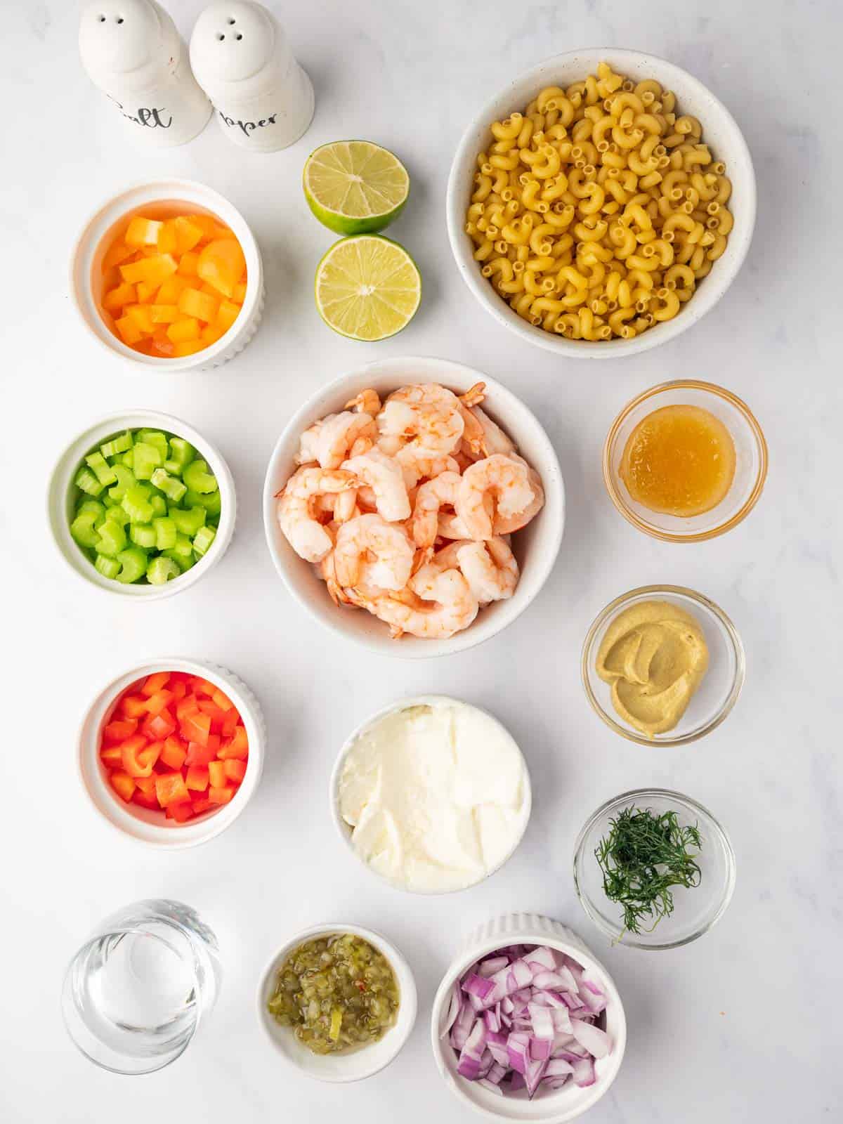 Ingredients needed for shrimp macaroni salad.