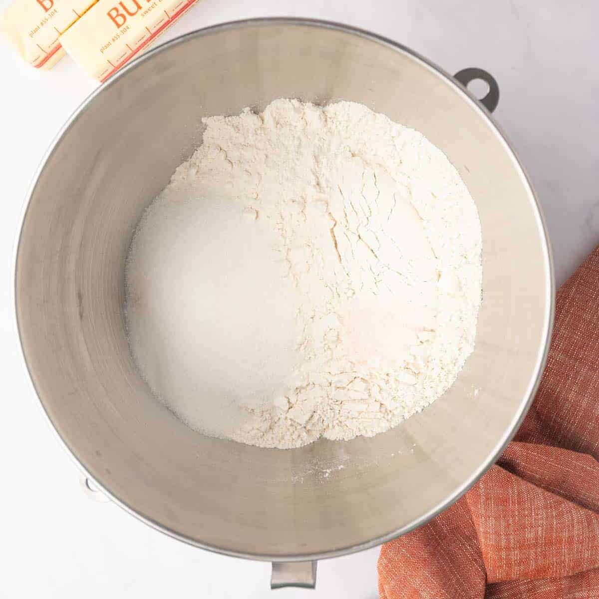 Dry ingredients are combined in a mixing bowl.
