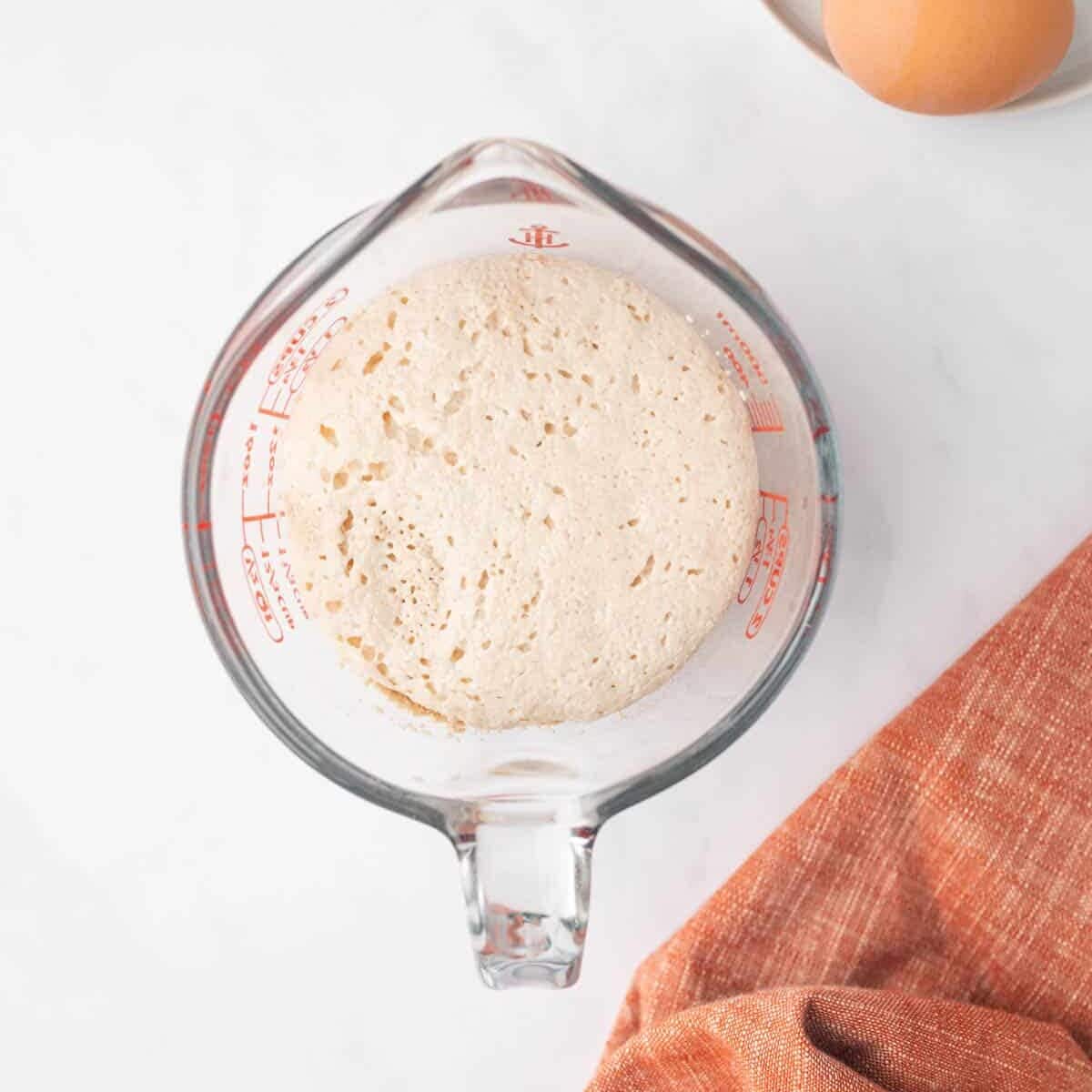 Yeast is proofed in a glass measuring cup.