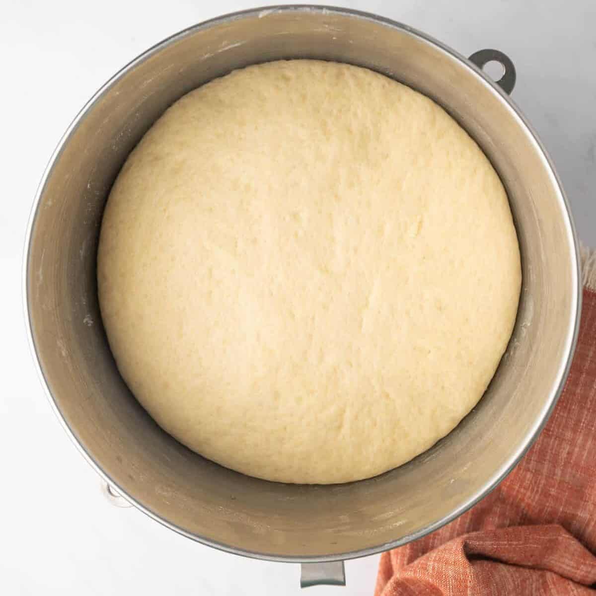 Finished dough rises in a mixing bowl until doubled in size.