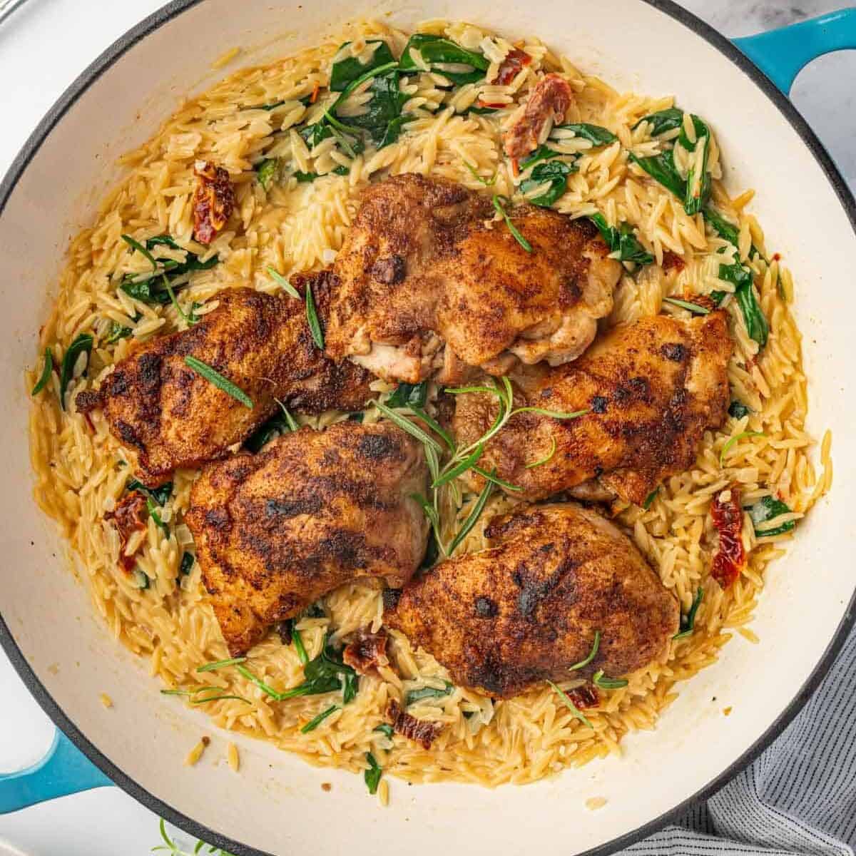 A platter of cajun orzo chicken.