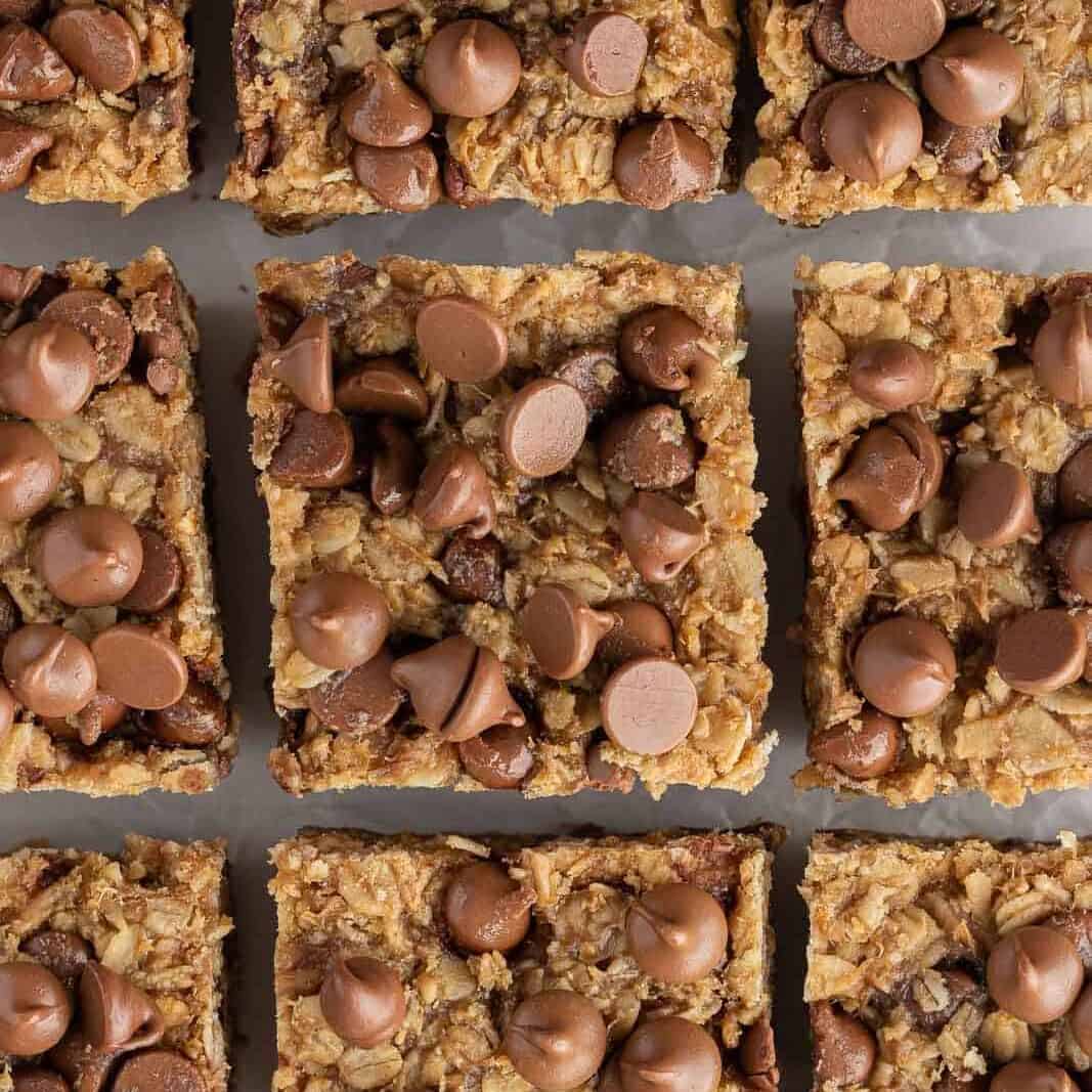 9 oatmeal bars topped with chocolate chips on a baking tray.