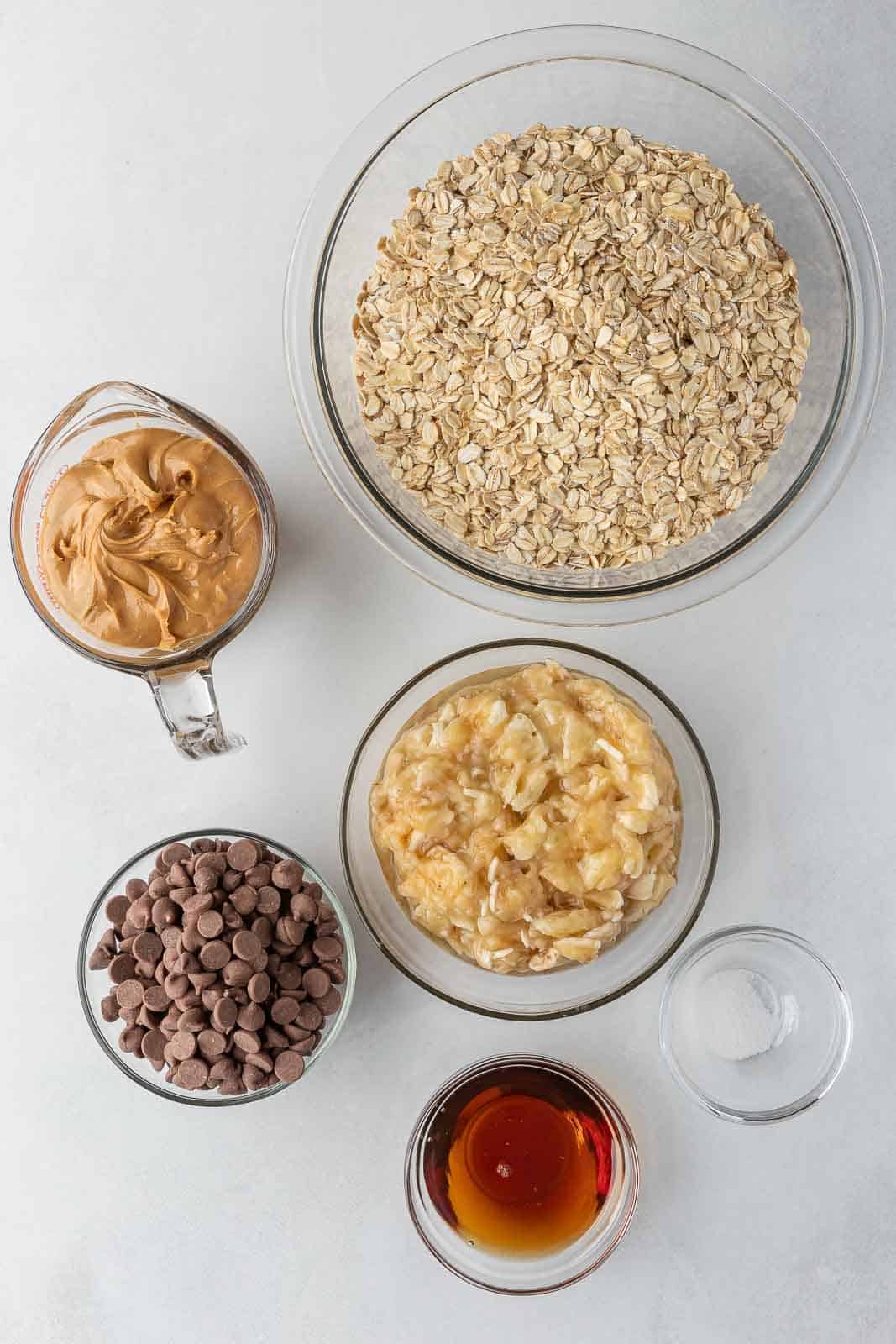 Ingredients needed for chocolate chip peanut butter oatmeal bars.