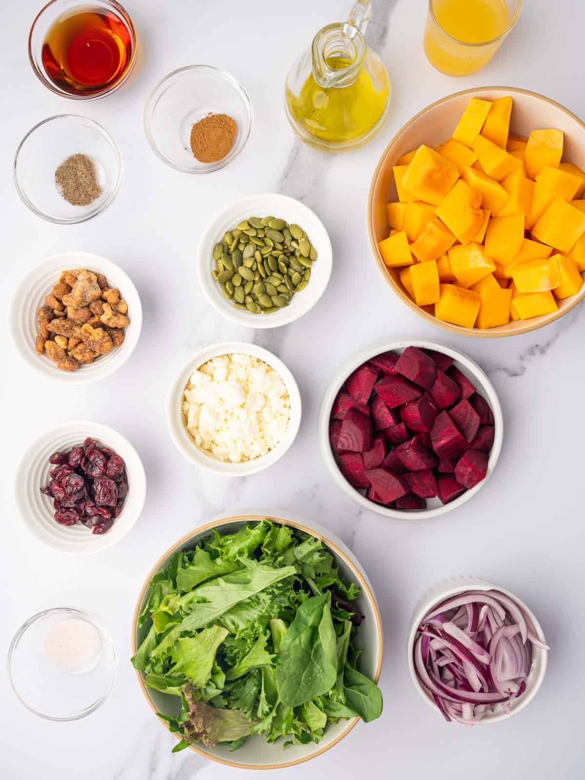 Ingredients needed for butternut squash feta salad.