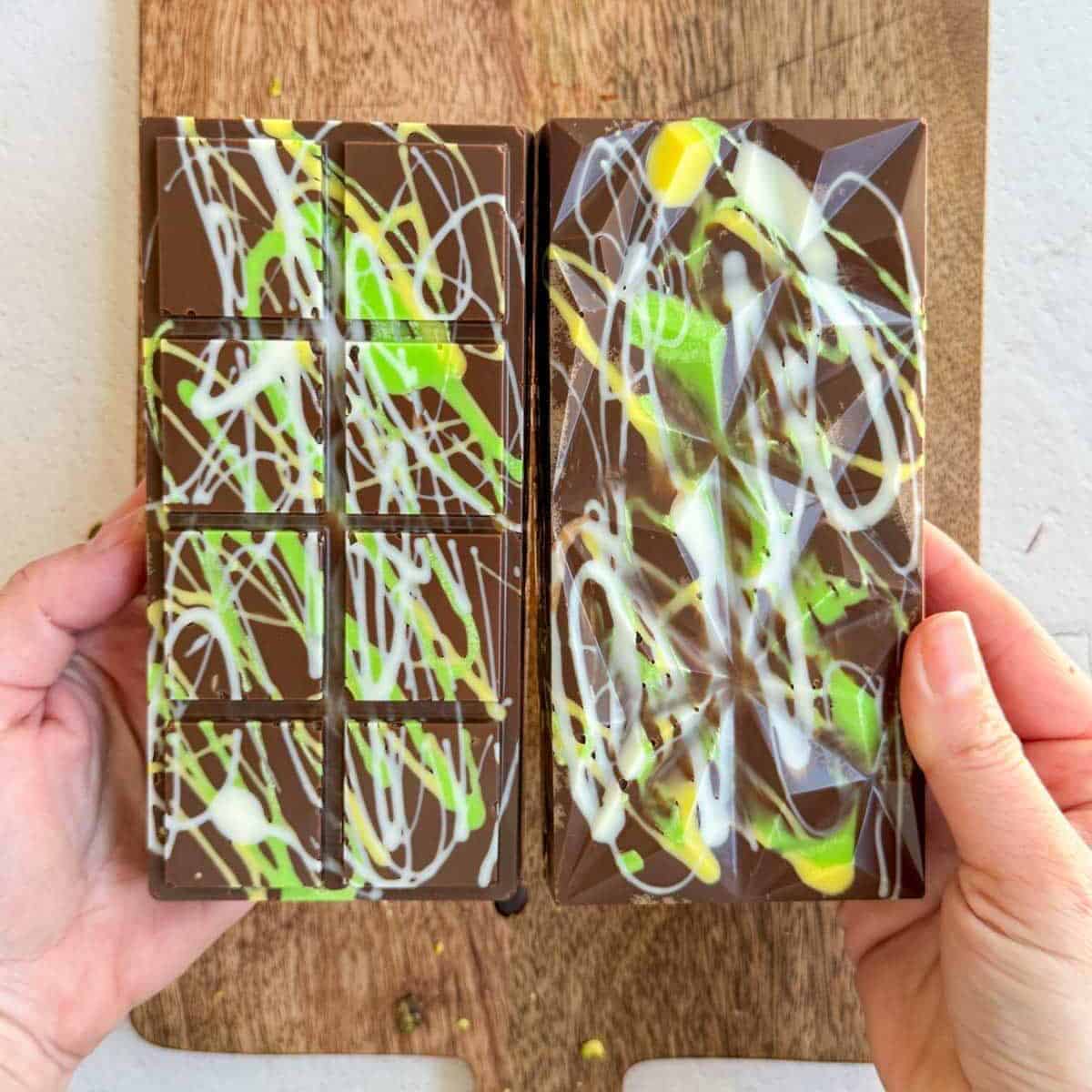 Two Dubai Pistachio Chocolate Bars next to each other.