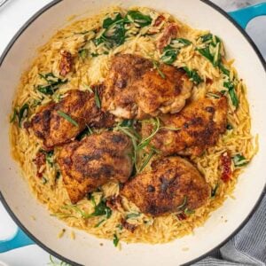 Overhead view of browned chicken thighs on creamy orzo with spinach and sun-dried tomatoes.