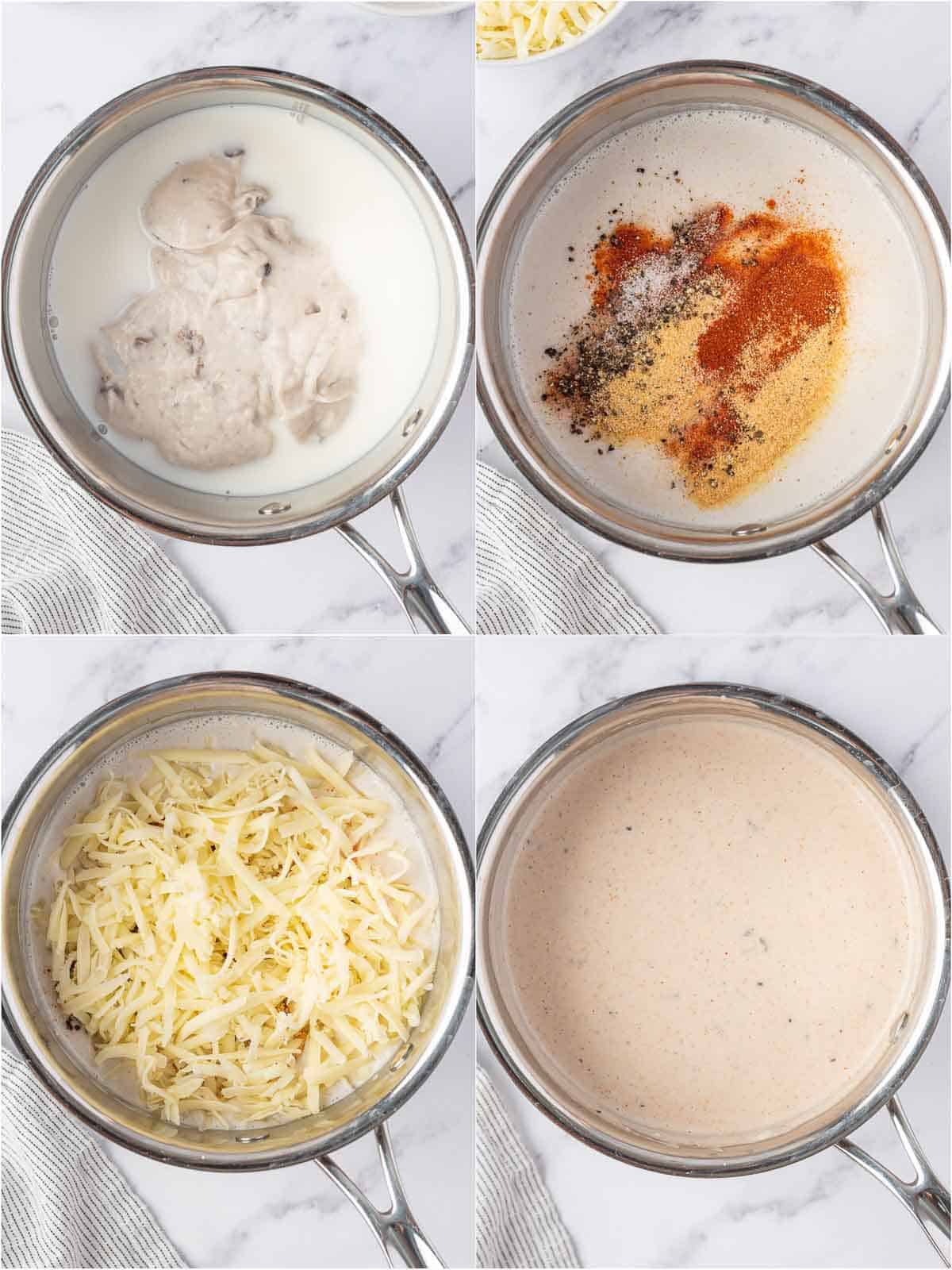 Mushroom sauce with seasonings and grated cheese melting in.