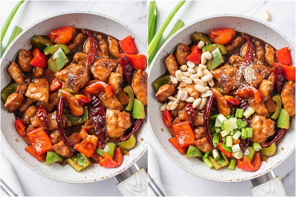 Chicken coated in Kung Pao sauce with peanuts, green onions, and sesame seeds added.