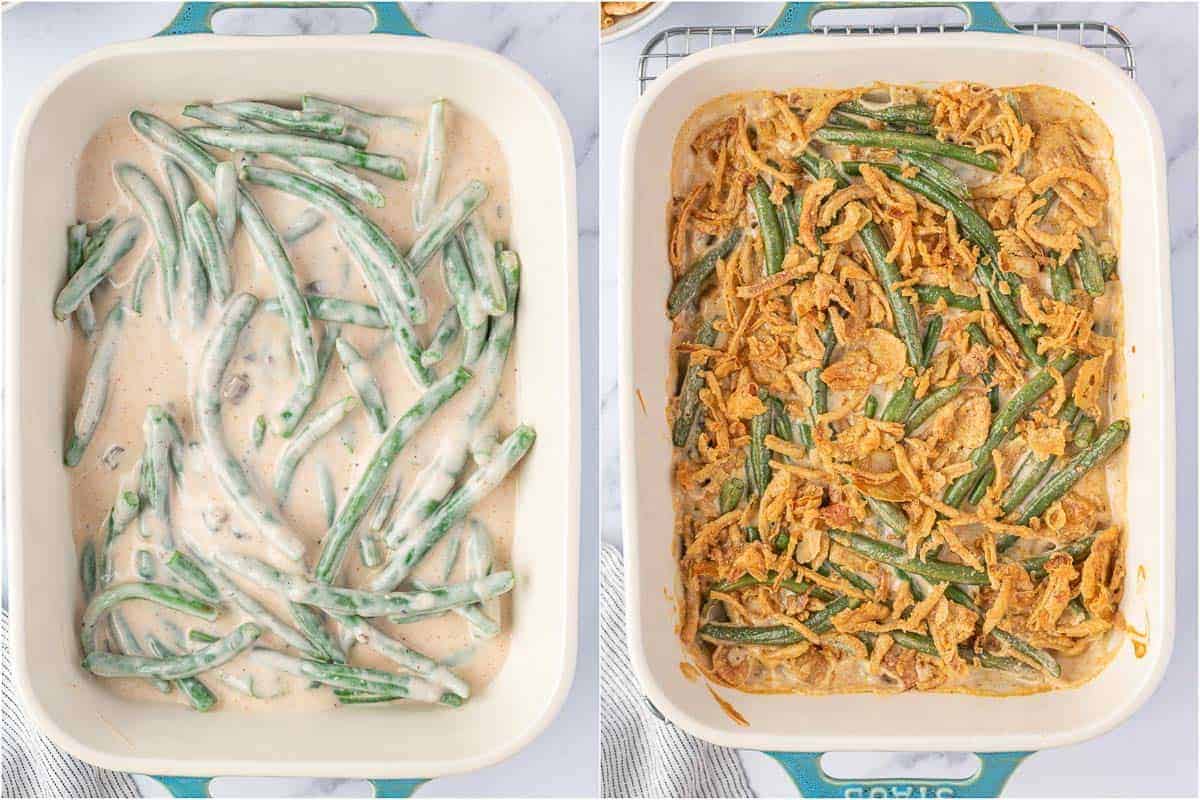 Green bean casserole before baking and after adding fried onions.