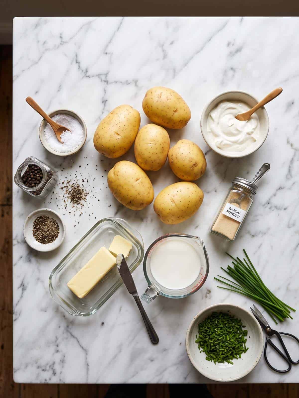 Ingredients of mashed potatoes laid out on a marble board.