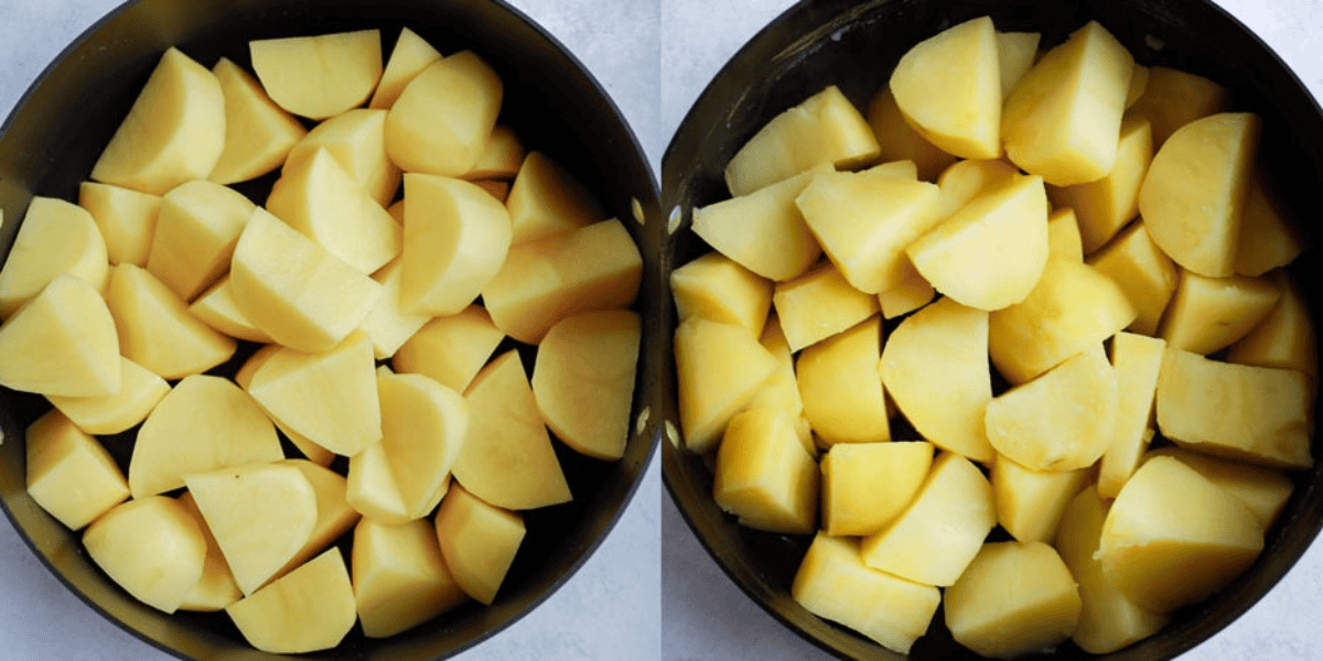 Peeled potato chunks before and after cooking until tender.