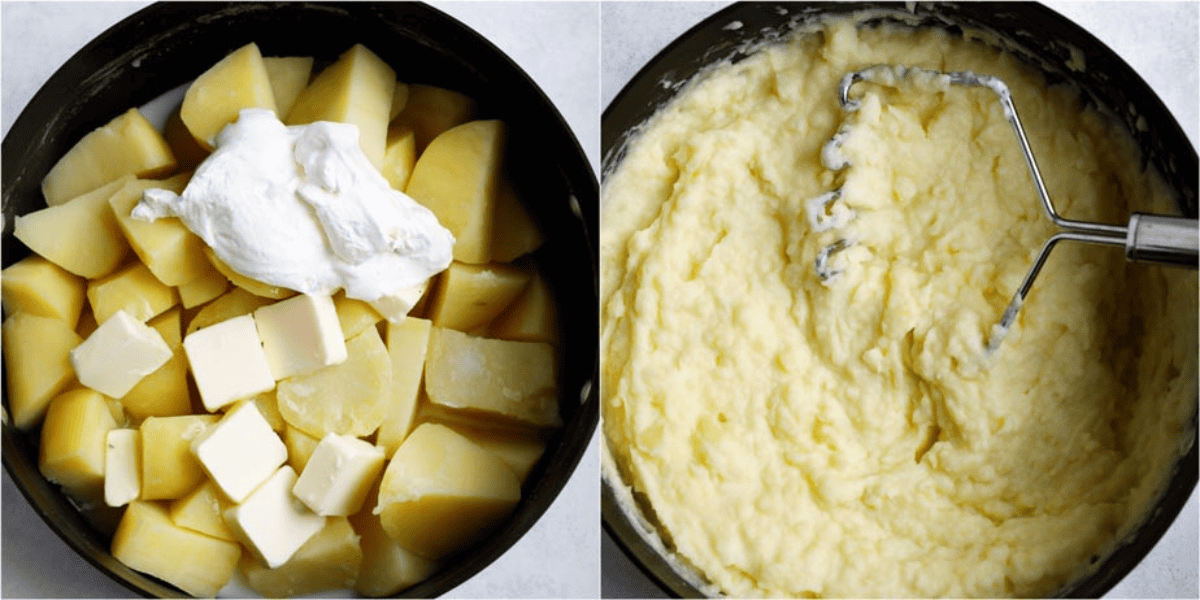 Cooked potatoes with butter and sour cream before mashing, followed by creamy mashed potatoes.