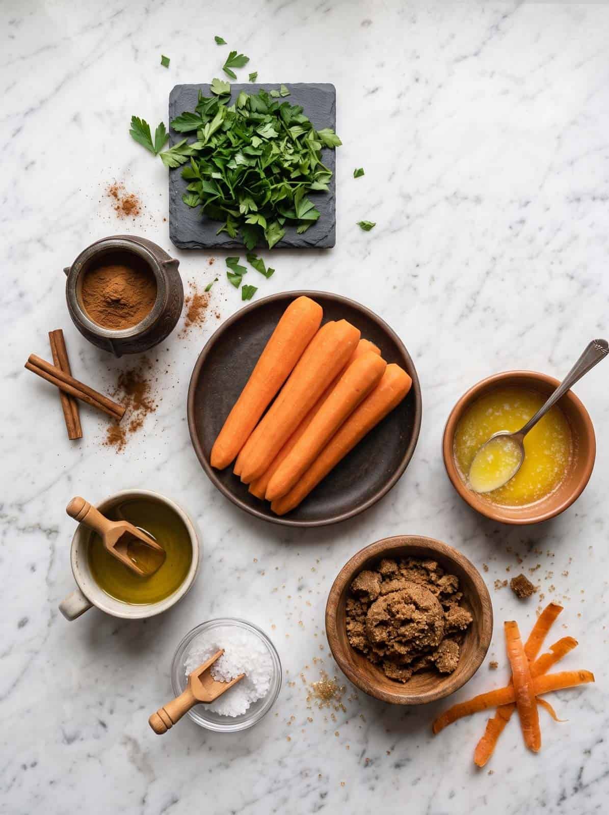 Ingredients of brown sugar glazed carrots laid out on a marble slate.