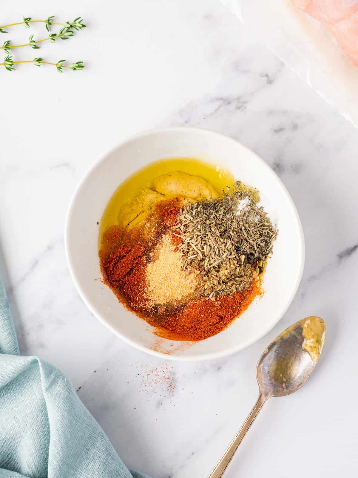 All the marinade for the roasted turkey breast in a bowl.